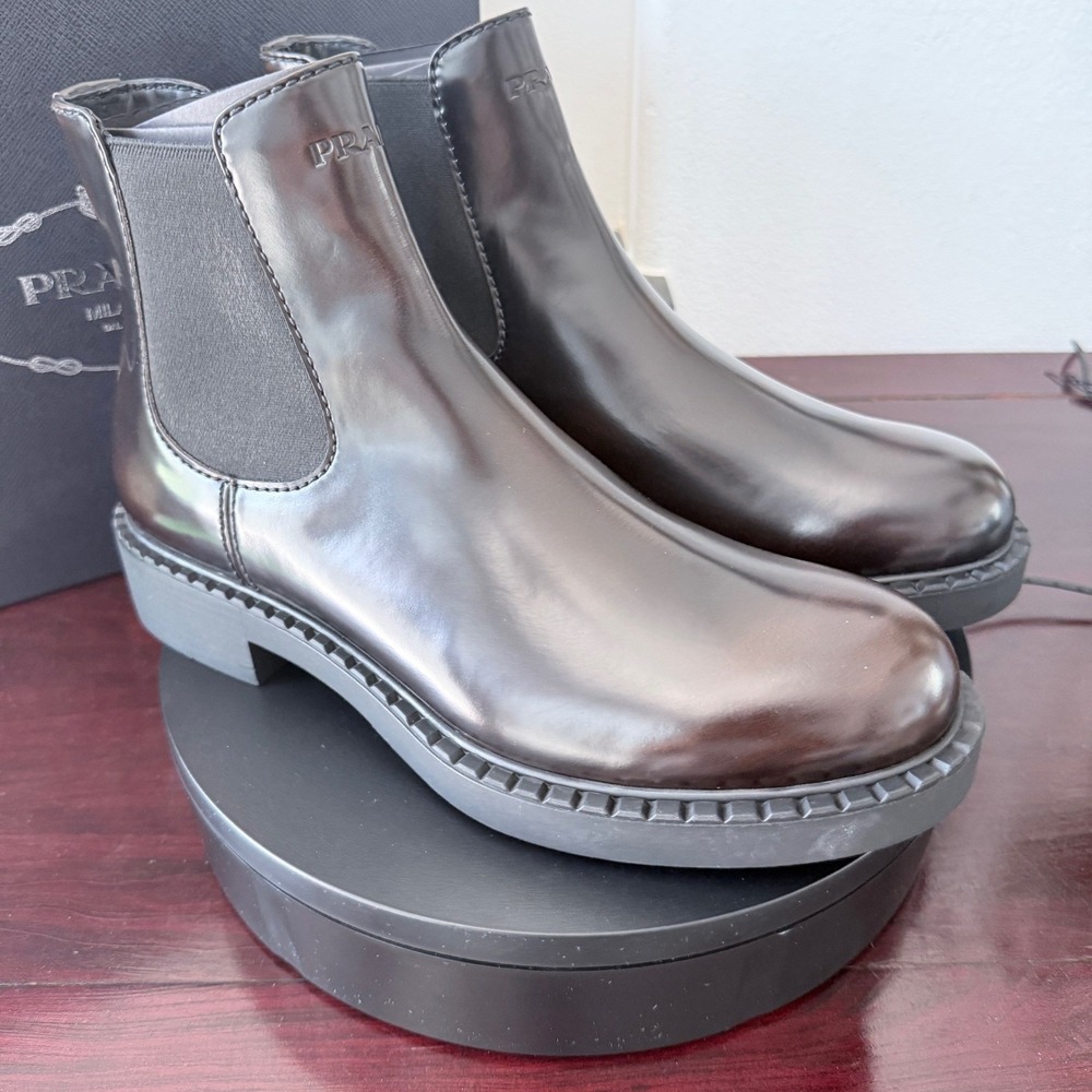 Prada 2TE168 Spazzolato Leather Chelsea Ankle Boots Mens Brown Lug Sole UK8.5 - Picture 8 of 14